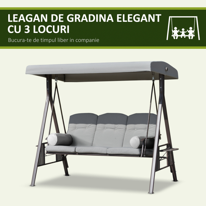  Balansoar Exterior 3 Locuri cu Cadru din Otel, Acoperis si Perne Incluse, Gri Deschis [7]