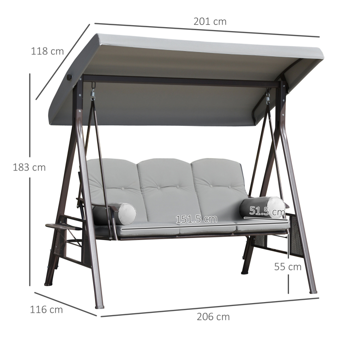  Balansoar Exterior 3 Locuri cu Cadru din Otel, Acoperis si Perne Incluse, Gri Deschis [3]