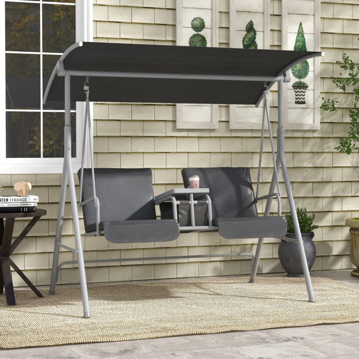  Balansoar Exterior cu Masuta de Cafea si Suport Central pentru Pahare, Leagan cu 2 Locuri si Acoperis, 175x112x158 cm, Gri [2]