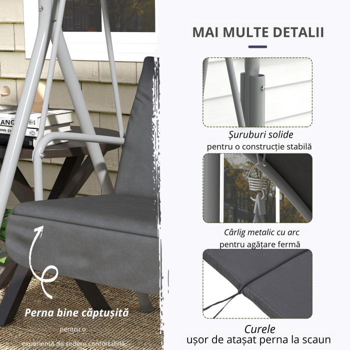  Balansoar Exterior cu Masuta de Cafea si Suport Central pentru Pahare, Leagan cu 2 Locuri si Acoperis, 175x112x158 cm, Gri [4]