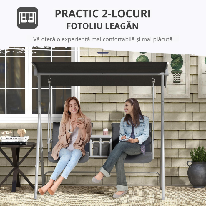  Balansoar Exterior cu Masuta de Cafea si Suport Central pentru Pahare, Leagan cu 2 Locuri si Acoperis, 175x112x158 cm, Gri [5]