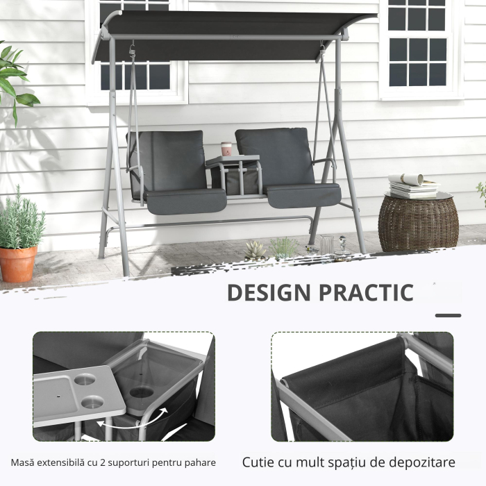  Balansoar Exterior cu Masuta de Cafea si Suport Central pentru Pahare, Leagan cu 2 Locuri si Acoperis, 175x112x158 cm, Gri [6]