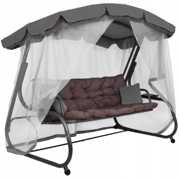 Balansoar gradina 226x126x192 cm, 3 in 1 leagan, pat si relaxare, cu plasa anti-insecte, copertina reglabila, saltea si perne incluse, gri si maro [1]