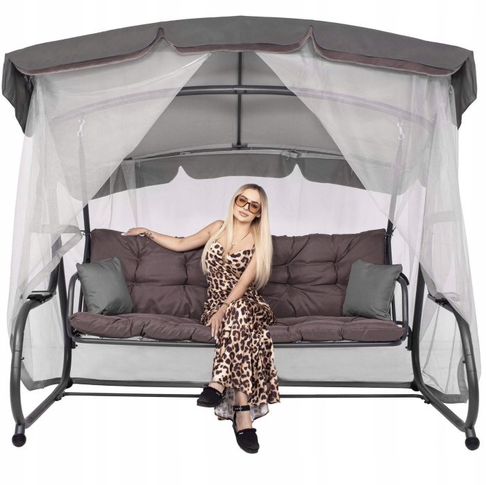 Balansoar gradina 226x126x192 cm, 3 in 1 leagan, pat si relaxare, cu plasa anti-insecte, copertina reglabila, saltea si perne incluse, gri si maro [11]
