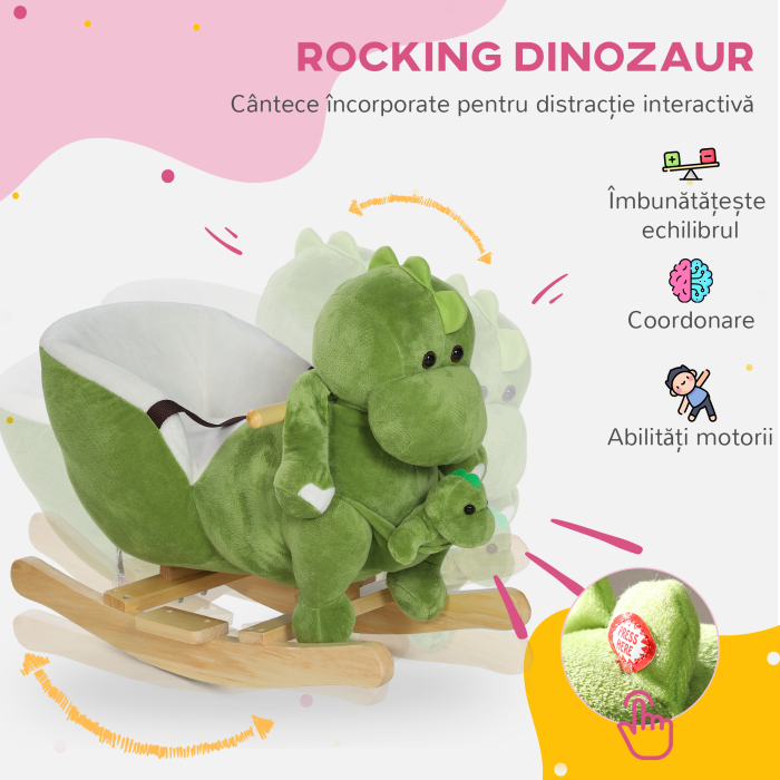  Balansoar pentru Copii 18-36 Luni in Forma de Dinozaur cu Sunete si Acoperire Moale, Verde [4]