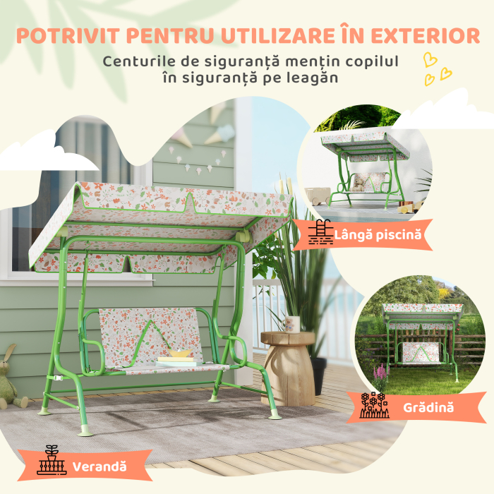  Balansoar pentru Copii de Exterior cu 2 Locuri cu Copertina Reglabila si Centuri de Siguranta, 112x75x120 cm, Verde [6]