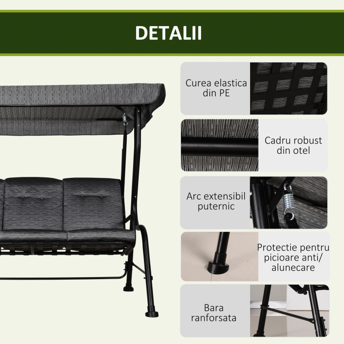  Balansoar pentru Gradina pentru 3 Persoane cu Copertina Reglabila si Perne, 200x120x170cm, Negru [7]
