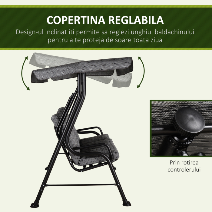  Balansoar pentru Gradina pentru 3 Persoane cu Copertina Reglabila si Perne, 200x120x170cm, Negru [4]