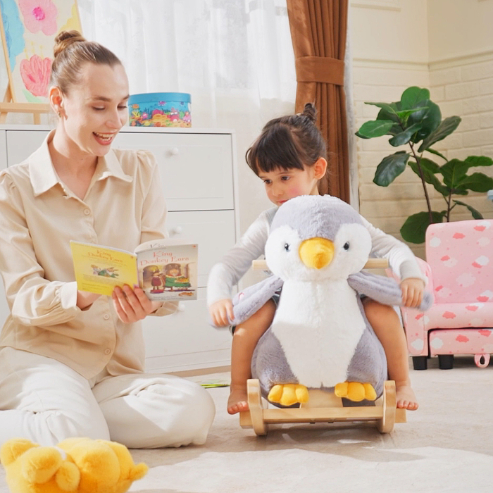  Balansoar Pinguin din Plus cu Melodii si Centura de Siguranta, Balansoar pentru Copii, 60x33x50 cm, Gri [9]