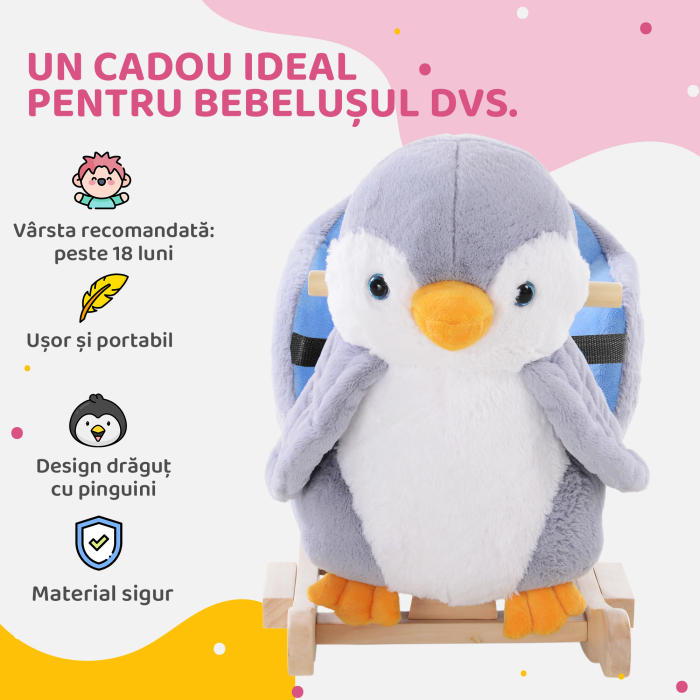  Balansoar Pinguin din Plus cu Melodii si Centura de Siguranta, Balansoar pentru Copii, 60x33x50 cm, Gri [8]