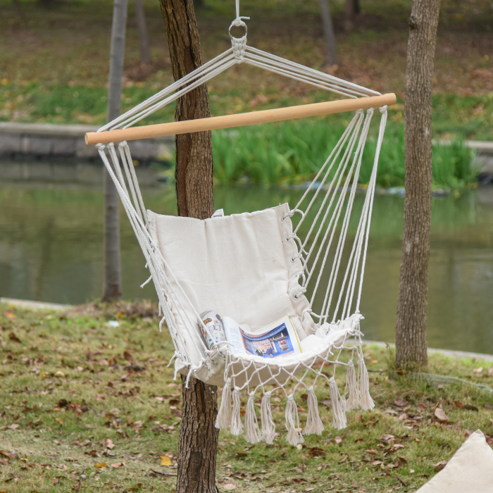  Balansoar Suspendat din tesatura cu Ciucuri si Bara din Lemn de Plop, 90x50 cm, Crem [2]