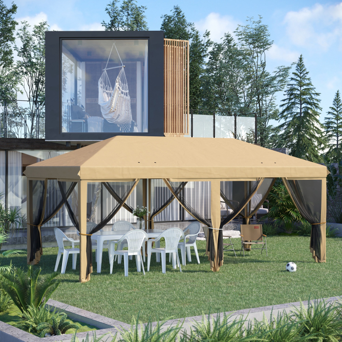  Baldachin Pop-Up cu Plasa, Cort pentru Petreceri cu Geanta de Transport pentru Exterior, 585x295x270 cm, Bej [2]