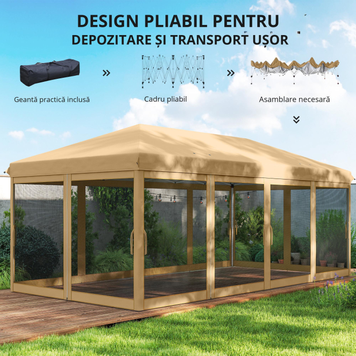  Baldachin Pop-Up cu Plasa, Cort pentru Petreceri cu Geanta de Transport pentru Exterior, 585x295x270 cm, Bej [5]
