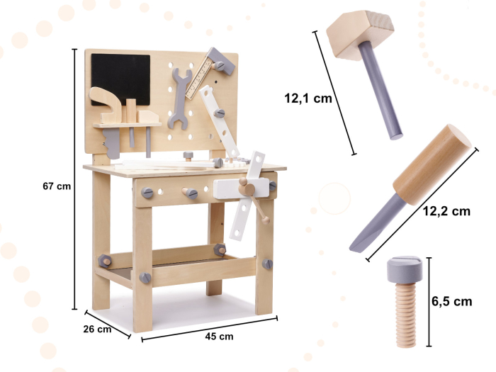 Banc de lucru copii din lemn cu unelte incluse, masa 45x26x67 cm, set DIY pentru micul mester [4]