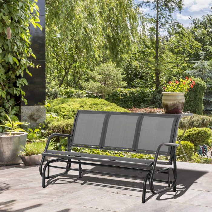  Banca Balansoar de Gradina cu 3 Locuri din Metal si tesatura Tip Plasa Respirabila, 147x70x85 cm, Gri [2]