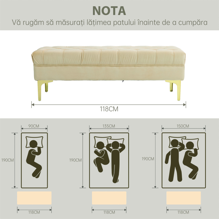  Banca cu Husa Capitonata, Banca Tapitata din Catifea cu Picioare Metalice, 118x45x42 cm, Bej [7]