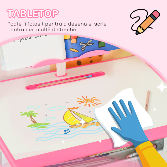  Banca cu Scaun pentru Copii 6-12 ani cu inaltime Reglabila, Suport pentru Carti si Raft, 60x45x90-102 cm, Roz [7]