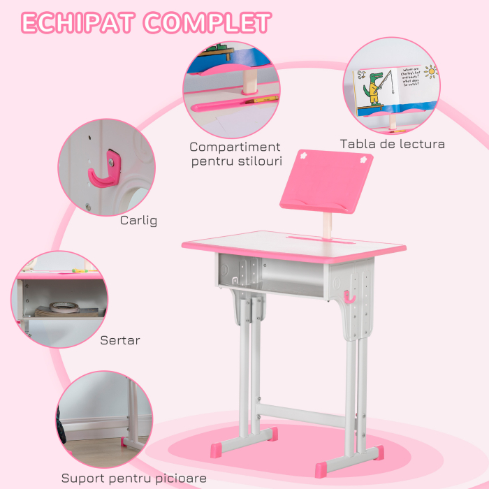  Banca cu Scaun pentru Copii 6-12 ani cu inaltime Reglabila, Suport pentru Carti si Raft, 60x45x90-102 cm, Roz [5]