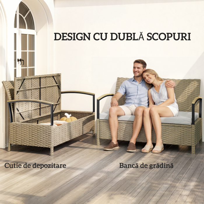  Banca cu Spatiu de Depozitare 125L cu Perna, Cadru Metalic, 123x70x82 cm, Bej [4]