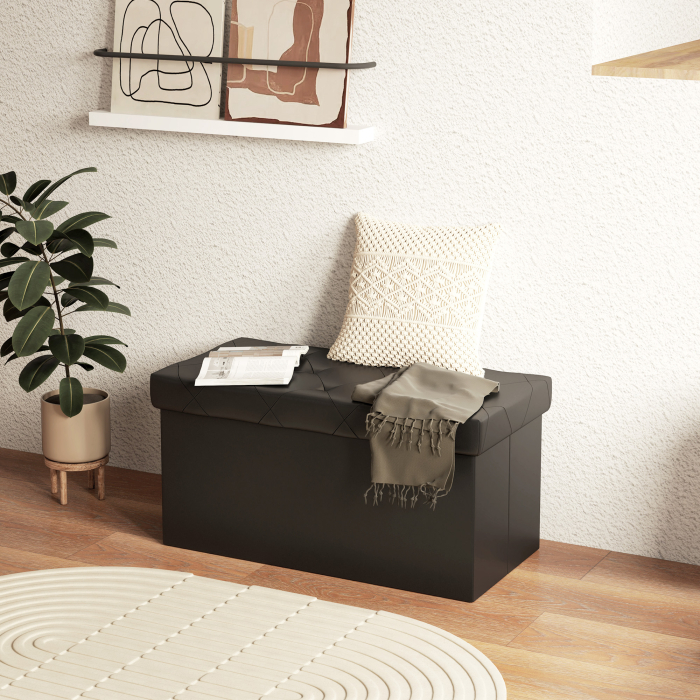  Banca Cutie de Depozitare Pliabila, Banca Taburet cu Capac si invelis din Piele Ecologica, 76x38x38 cm, Negru [7]