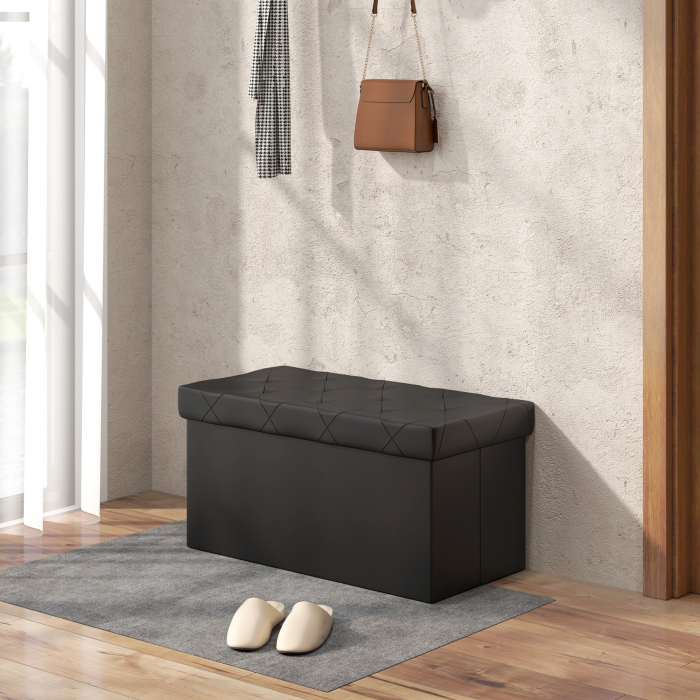  Banca Cutie de Depozitare Pliabila, Banca Taburet cu Capac si invelis din Piele Ecologica, 76x38x38 cm, Negru [6]