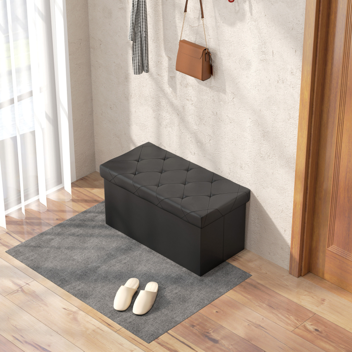 Banca Cutie de Depozitare Pliabila, Banca Taburet cu Capac si invelis din Piele Ecologica, 76x38x38 cm, Negru [2]