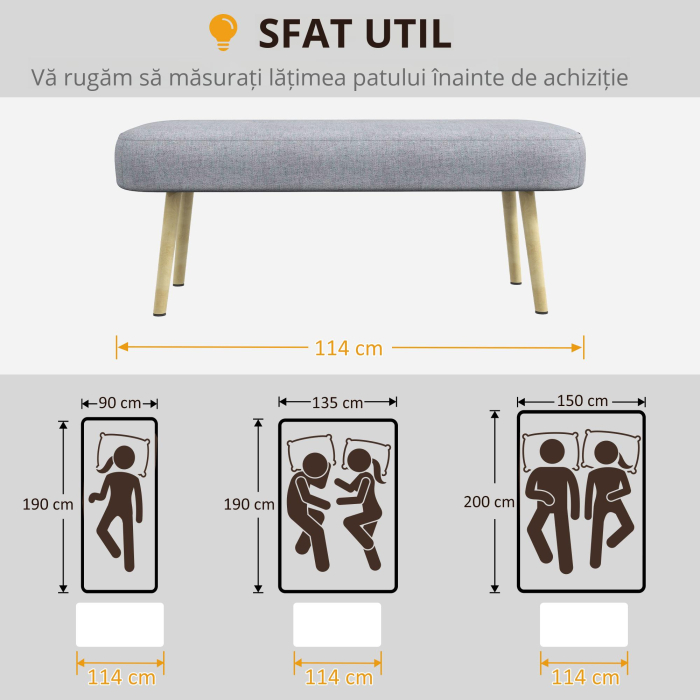  Banca de Capat de Pat, Banca Tapitata cu Butoni cu Picioare din Otel cu Granulatie din Lemn, Banca Tapitata cu Aspect Textil pentru Dormitor, Camera de Zi, Hol, Gri [4]