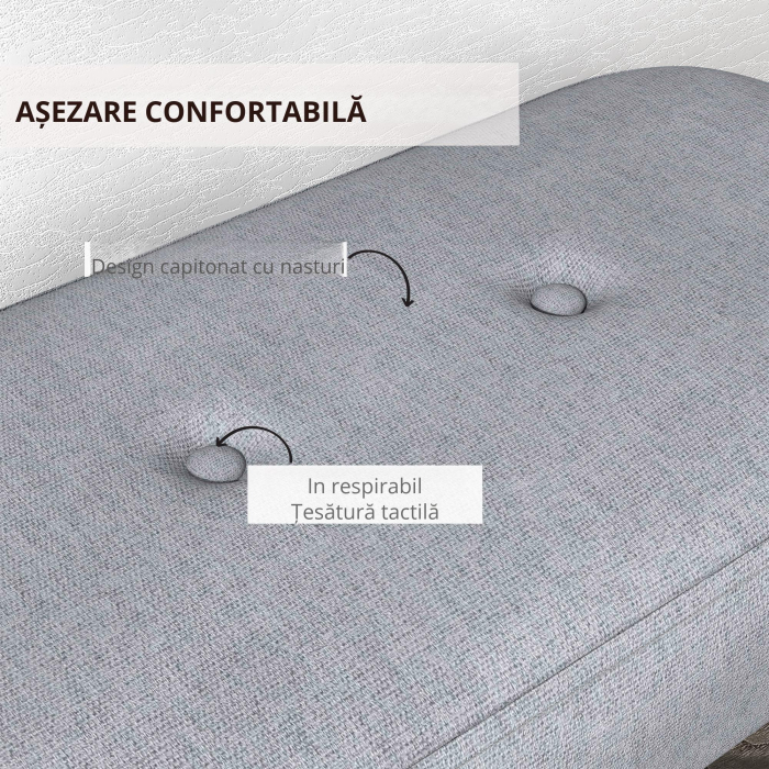  Banca de Capat de Pat, Banca Tapitata cu Butoni cu Picioare din Otel cu Granulatie din Lemn, Banca Tapitata cu Aspect Textil pentru Dormitor, Camera de Zi, Hol, Gri [5]