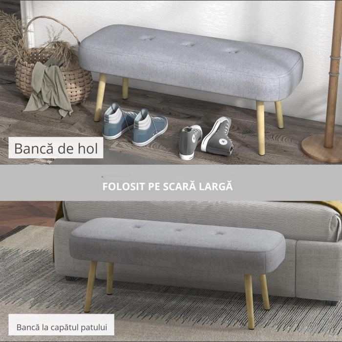  Banca de Capat de Pat, Banca Tapitata cu Butoni cu Picioare din Otel cu Granulatie din Lemn, Banca Tapitata cu Aspect Textil pentru Dormitor, Camera de Zi, Hol, Gri [6]