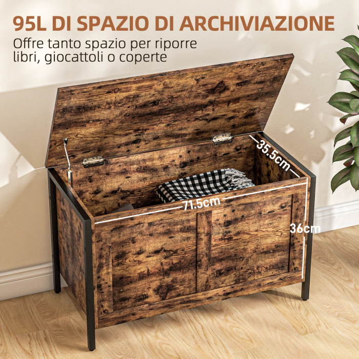  Banca de Depozitare de 95L in Stil Industrial cu Capac cu Balamale de Siguranta, 80x40x49 cm, Maro Rustic [4]