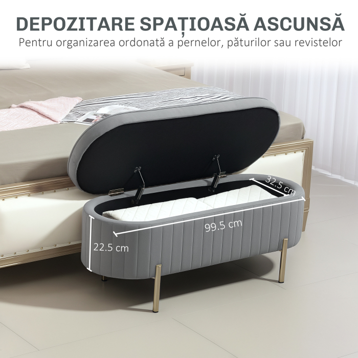  Banca de Depozitare Ovala 72L cu Capac Rabatabil, din Catifea si Lemn, 108x44x43.5 cm, Gri [6]