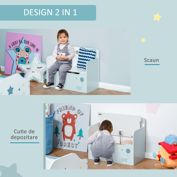  Banca de Depozitare Portabila pentru Jucarii 2 in 1, Lada cu Spatar pentru Copii de 3-6 Ani, 60x30x50 cm, Albastru [5]
