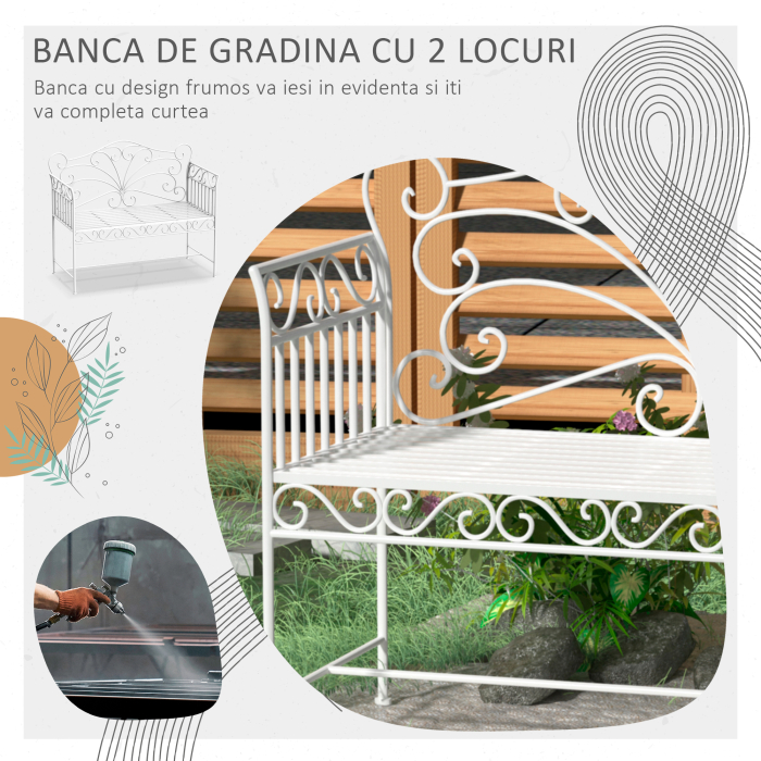  Banca de Exterior cu 2 Locuri, Banca de Gradina in Stil Romantic din Fier, 113,5x50x96 cm, Alb [4]