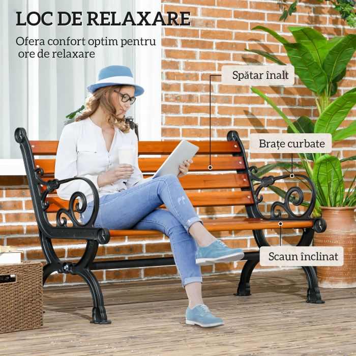  Banca de Exterior cu Cadru din Aluminiu, Scaun cu Doua Locuri cu Cotiera Curbata, sezut si Spatar din Lemn, 120x64x79 cm, Tec [4]