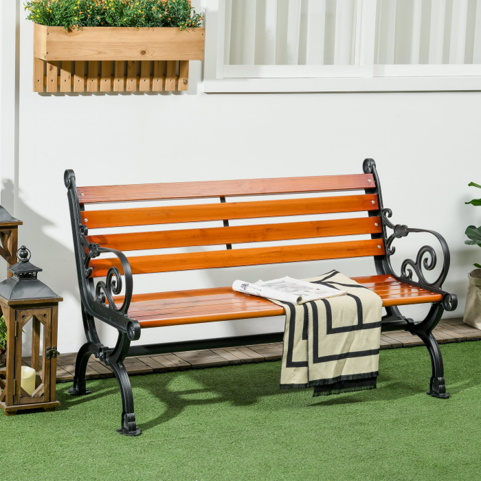  Banca de Exterior cu Cadru din Aluminiu, Scaun cu Doua Locuri cu Cotiera Curbata, sezut si Spatar din Lemn, 120x64x79 cm, Tec [2]