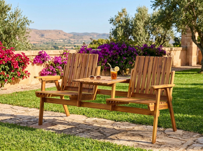 Banca de gradina 153x65x82 cm, 2 locuri, cu raft lateral, lemn de salcam, maro [10]