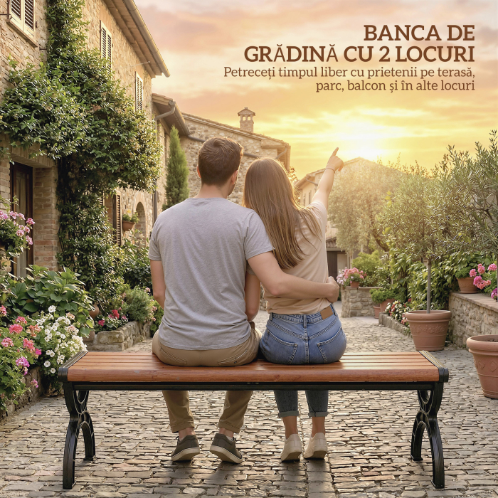  Banca de Gradina 2 Locuri, Banca cu Cadru din Metal si Efect de Lemn, Mobilier pentru Gradina, Terasa, Parc [4]