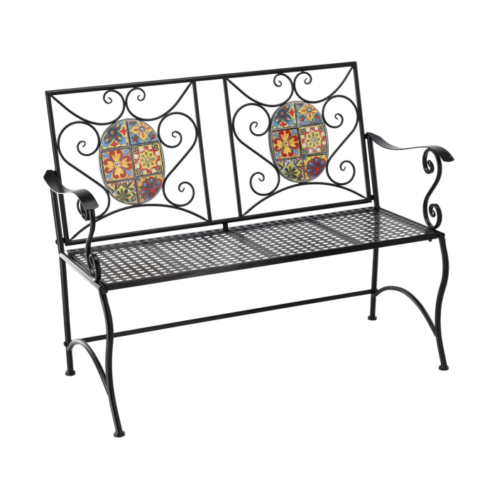 Banca de gradina, cadru metalic cu mozaic decorativ, 115x56x90 cm, negru [3]