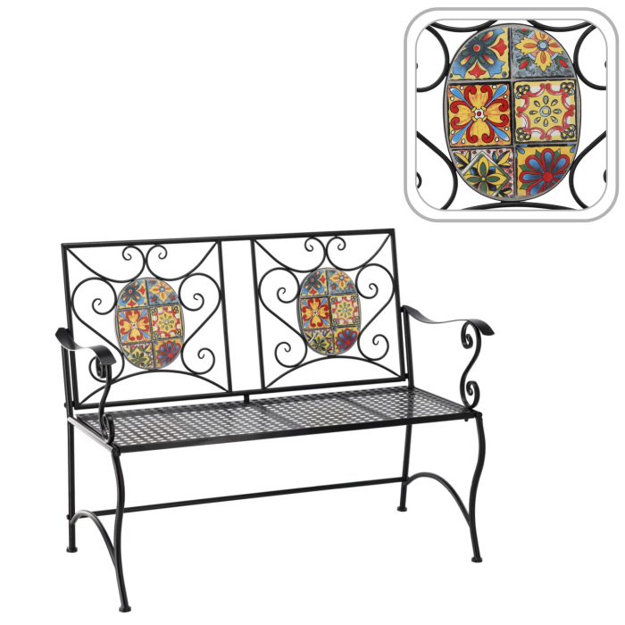 Banca de gradina, cadru metalic cu mozaic decorativ, 115x56x90 cm, negru [2]