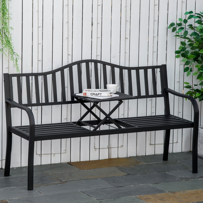  Banca de Gradina cu 2-3 Locuri din Metal, Banca de Exterior cu Masuta Extensibila, Spatar cu sipci si Cotiere, pentru Balcon, Terasa si Curte, 150x58.5x90 cm, Negru [2]