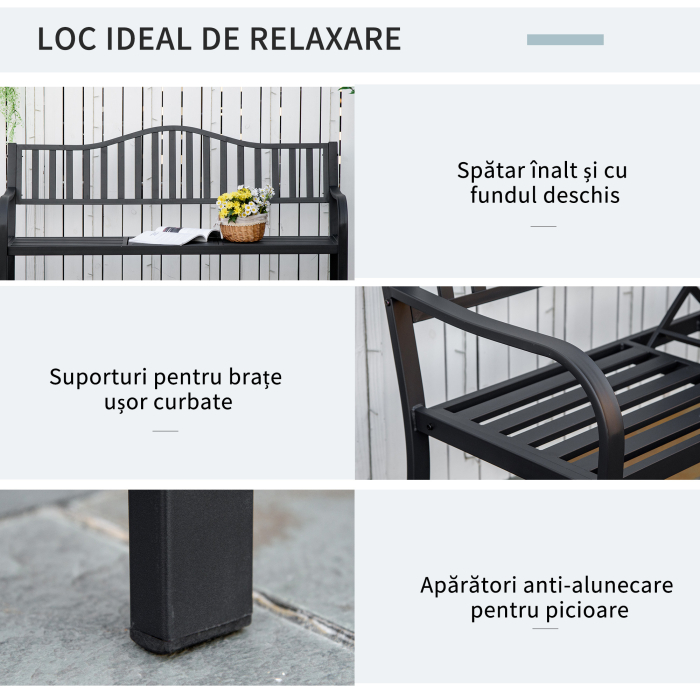  Banca de Gradina cu 2-3 Locuri din Metal, Banca de Exterior cu Masuta Extensibila, Spatar cu sipci si Cotiere, pentru Balcon, Terasa si Curte, 150x58.5x90 cm, Negru [5]