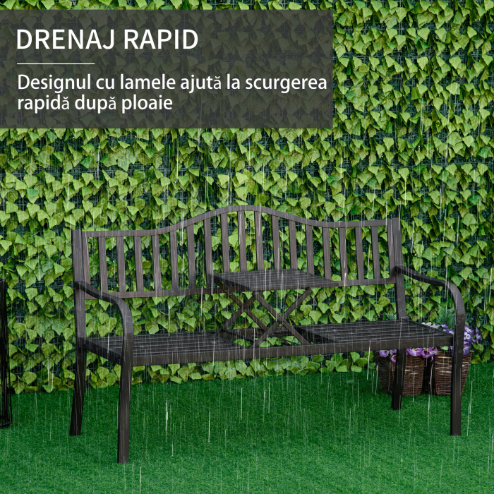  Banca de Gradina cu 2-3 Locuri din Metal, Banca de Exterior cu Masuta Extensibila, Spatar cu sipci si Cotiere, pentru Balcon, Terasa si Curte, 150x58.5x90 cm, Negru [6]