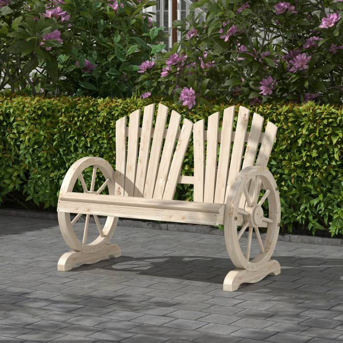  Banca de Gradina cu 2 Locuri, Cotiere in Forma de Roata, Banca de Exterior din Lemn de Brad, pentru Terasa, Patio si Curte, 108x66x95 cm, Culoare Lemn [2]