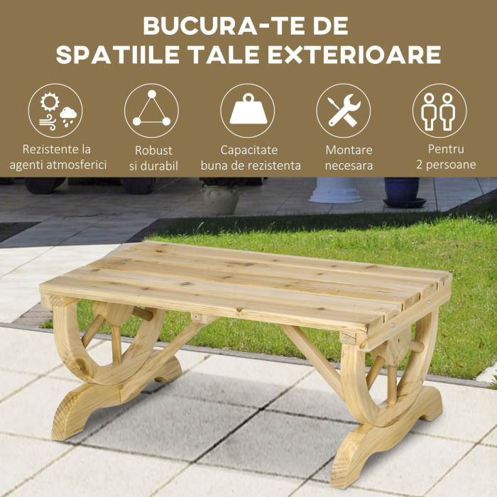 Banca de Gradina cu 2 Locuri, Design cu Roti, Banca de Exterior din Lemn de Brad, Potrivita pentru Terasa, Patio si Curte, 98x50x39.5 cm, Culoare Lemn Natural [6]