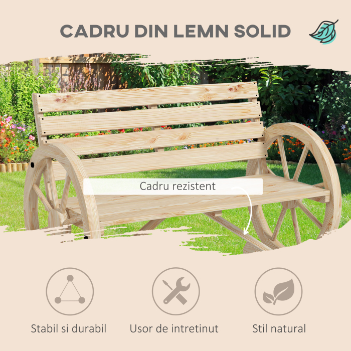  Banca de Gradina cu 2 Locuri, din Lamele cu Manere in Forma de Roata de Caruta, din Lemn, 105,5x56x79 cm, Culoare Lemn [4]