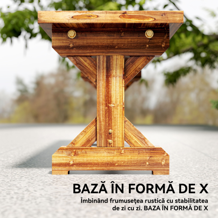  Banca de Gradina cu 2 Locuri din Lemn de Brad cu Baza in Forma de X, Banca Rustica pentru Exterior Fara Spatar, pentru Terasa, Balcon, 114L x 40l x 46i cm, Carbonizata [7]