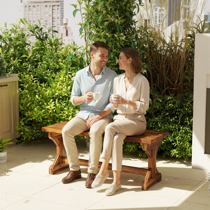  Banca de Gradina cu 2 Locuri din Lemn de Brad cu Baza in Forma de X, Banca Rustica pentru Exterior Fara Spatar, pentru Terasa, Balcon, 114L x 40l x 46i cm, Carbonizata [8]