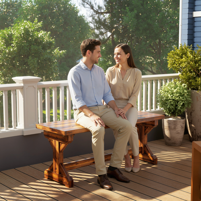  Banca de Gradina cu 2 Locuri din Lemn de Brad cu Baza in Forma de X, Banca Rustica pentru Exterior Fara Spatar, pentru Terasa, Balcon, 114L x 40l x 46i cm, Carbonizata [9]
