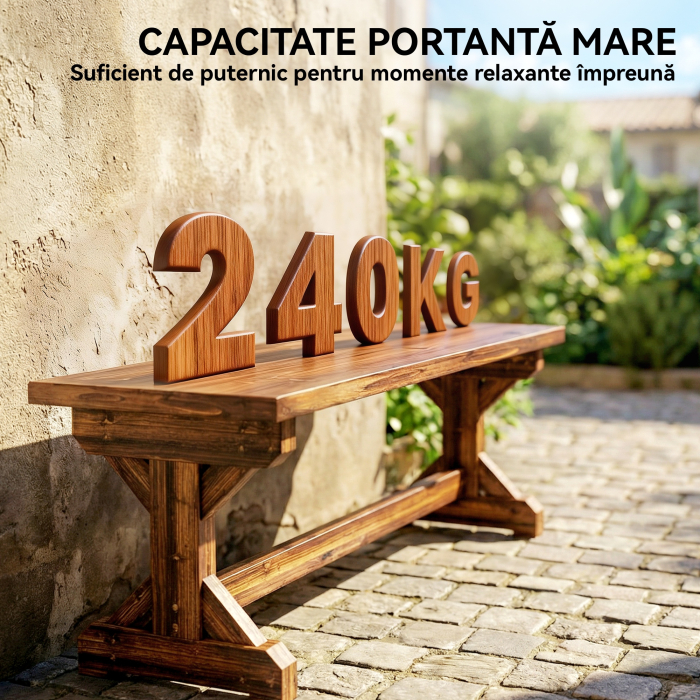  Banca de Gradina cu 2 Locuri din Lemn de Brad cu Baza in Forma de X, Banca Rustica pentru Exterior Fara Spatar, pentru Terasa, Balcon, 114L x 40l x 46i cm, Carbonizata [5]