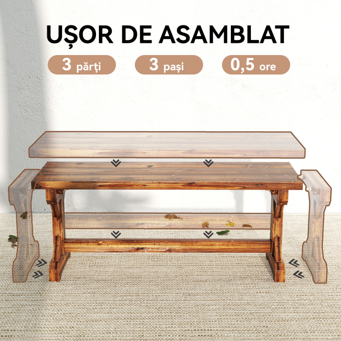  Banca de Gradina cu 2 Locuri din Lemn de Brad cu Baza in Forma de X, Banca Rustica pentru Exterior Fara Spatar, pentru Terasa, Balcon, 114L x 40l x 46i cm, Carbonizata [6]